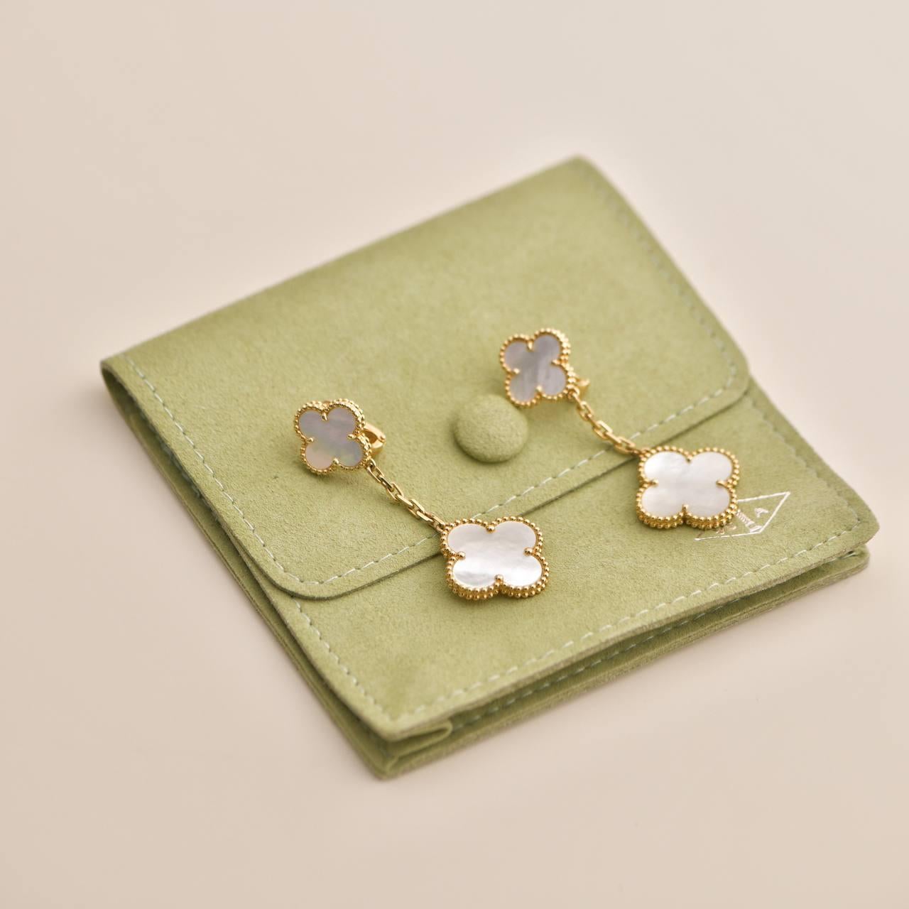 Van Cleef & Arpels Magic Alhambra Two Motifs Mother of Pearl Gold Earrings In Excellent Condition In Banbury, GB