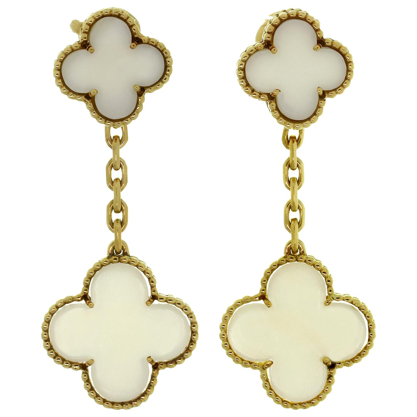 Van Cleef & Arpels Magic Alhambra White Coral Yellow Gold Earrings