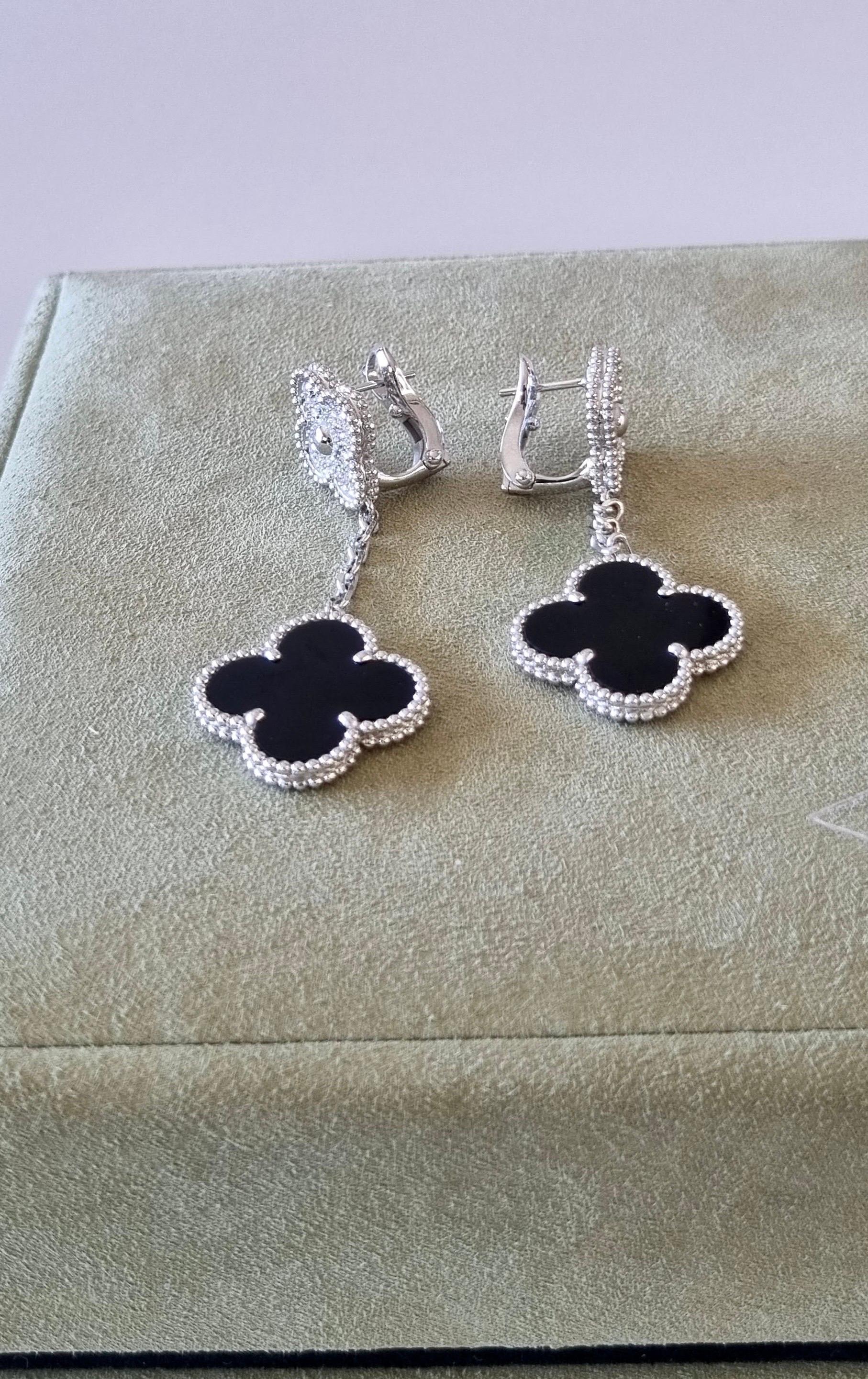 Contemporary Magic Alhambra White Gold Onyx and Diamonds Earrings For Sale