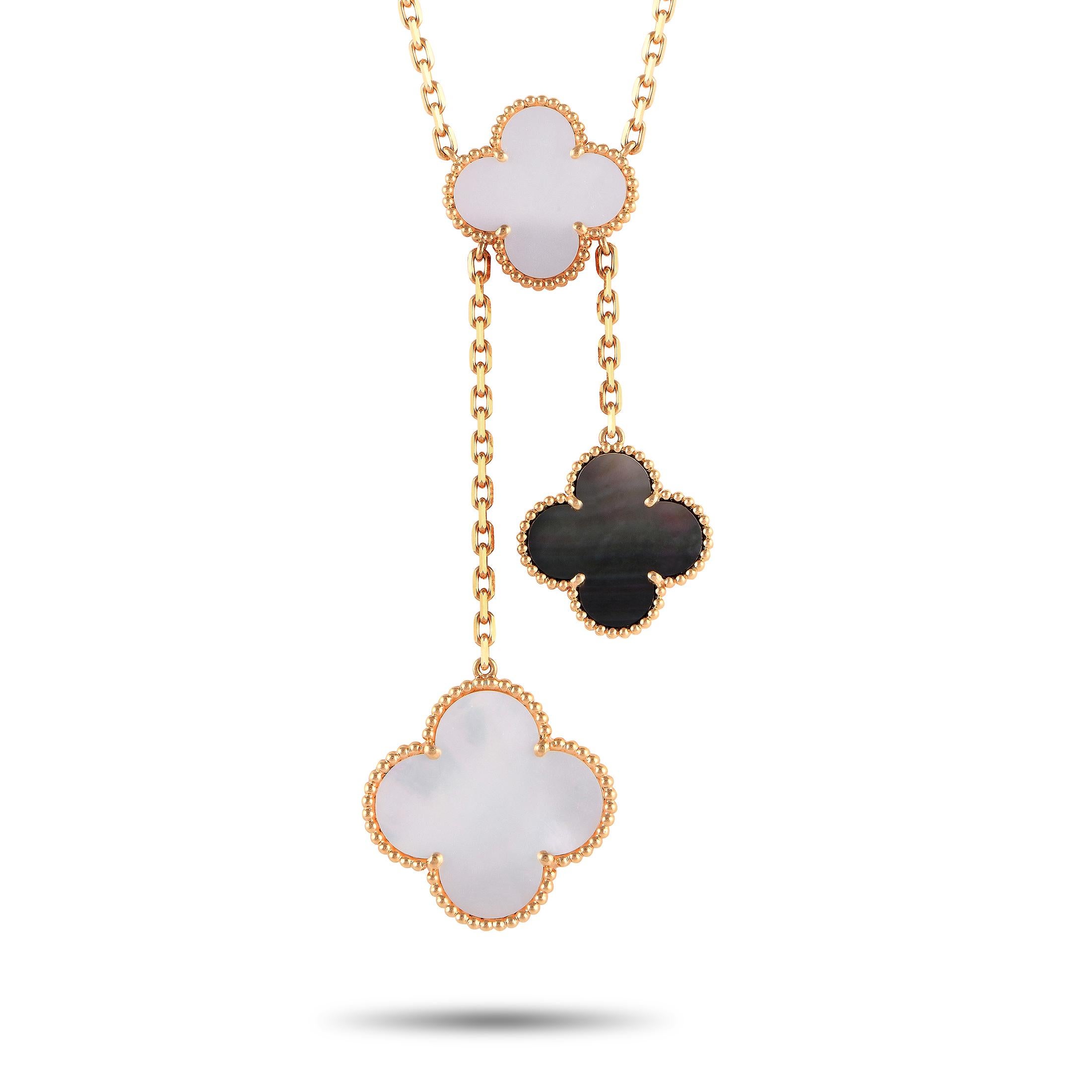 This Van Cleef & Arpels Magic Alhambra 6-Motif necklace is ready to put a fabulous finishing touch on any ensemble. A series of six iconic clover-shaped motifs accented by Mother of Pearl elevate the 16.0” chain, which also features a 3.5” long