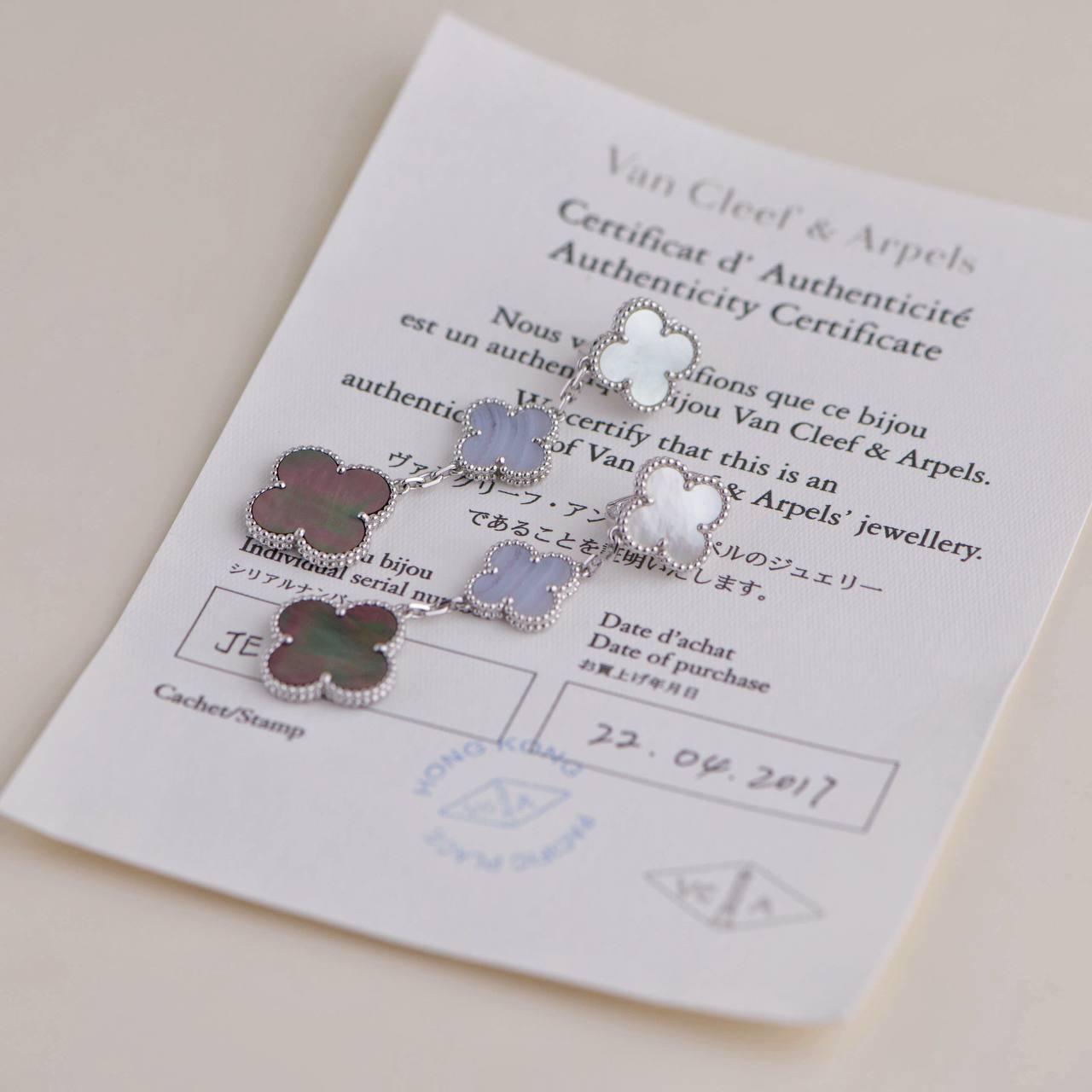 Uncut Van Cleef & Arpels Magic Mother of Pearl and Chalcedony 3 Motif Earrings