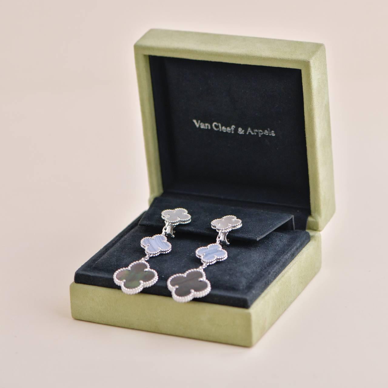 Women's or Men's Van Cleef & Arpels Magic Mother of Pearl and Chalcedony 3 Motif Earrings