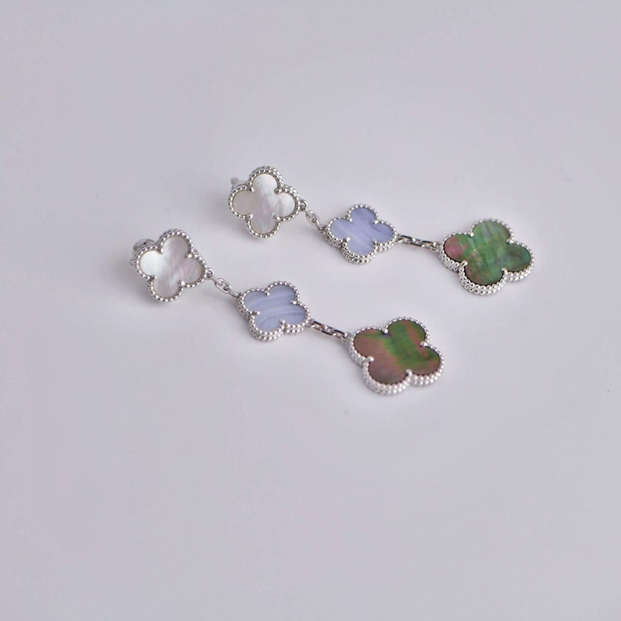Van Cleef & Arpels Magic Mother of Pearl and Chalcedony 3 Motif Earrings 2