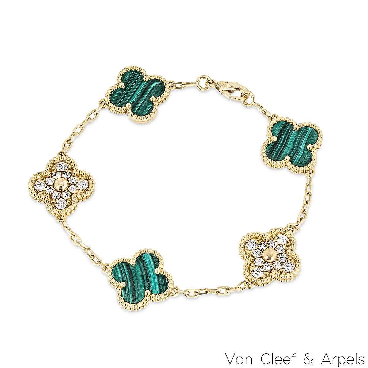 A stunning 18k yellow gold bracelet from the Vintage Alhambra collection by Van Cleef and Arpels. The bracelet is made up of 5 of the iconic clover motifs, three are set with malachite inlays and two are each set with 12 round brilliant cut diamonds