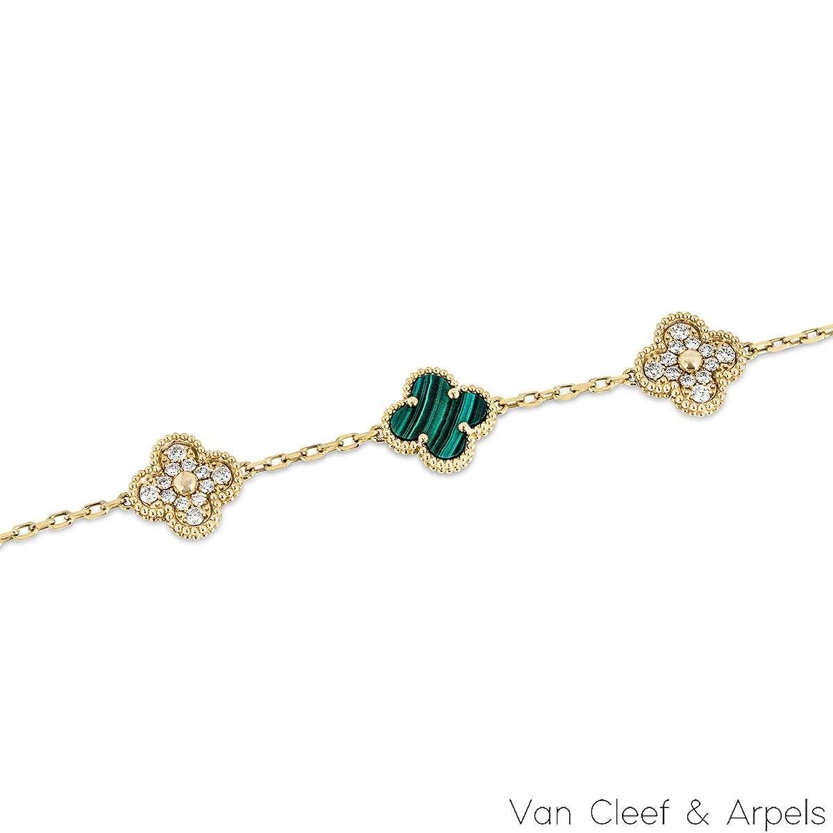 Taille ronde Van Cleef & Arpels Bracelet Vintage Alhambra 5 Motif Malachite et Diamant VCARO7G en vente