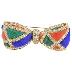 Van Cleef & Arpels Malachite Lapis Coral Diamond Gold Bow Brooch