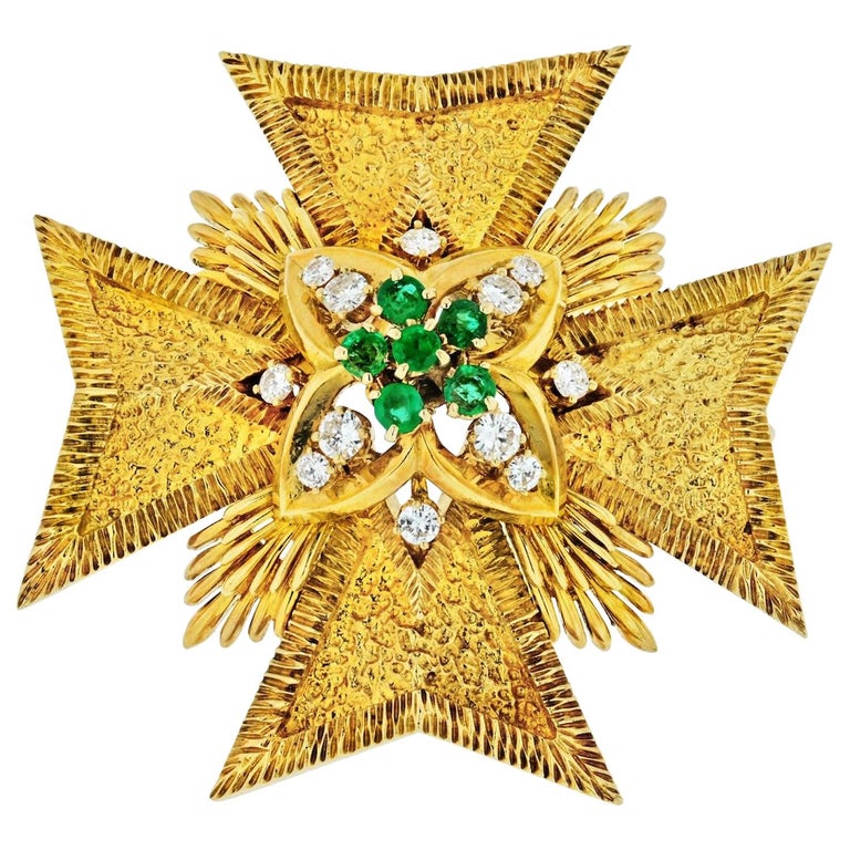 Pendentif-broche Croix De Malte Vintage Florenza - Pierre Verre Bleu De Florence - Signé