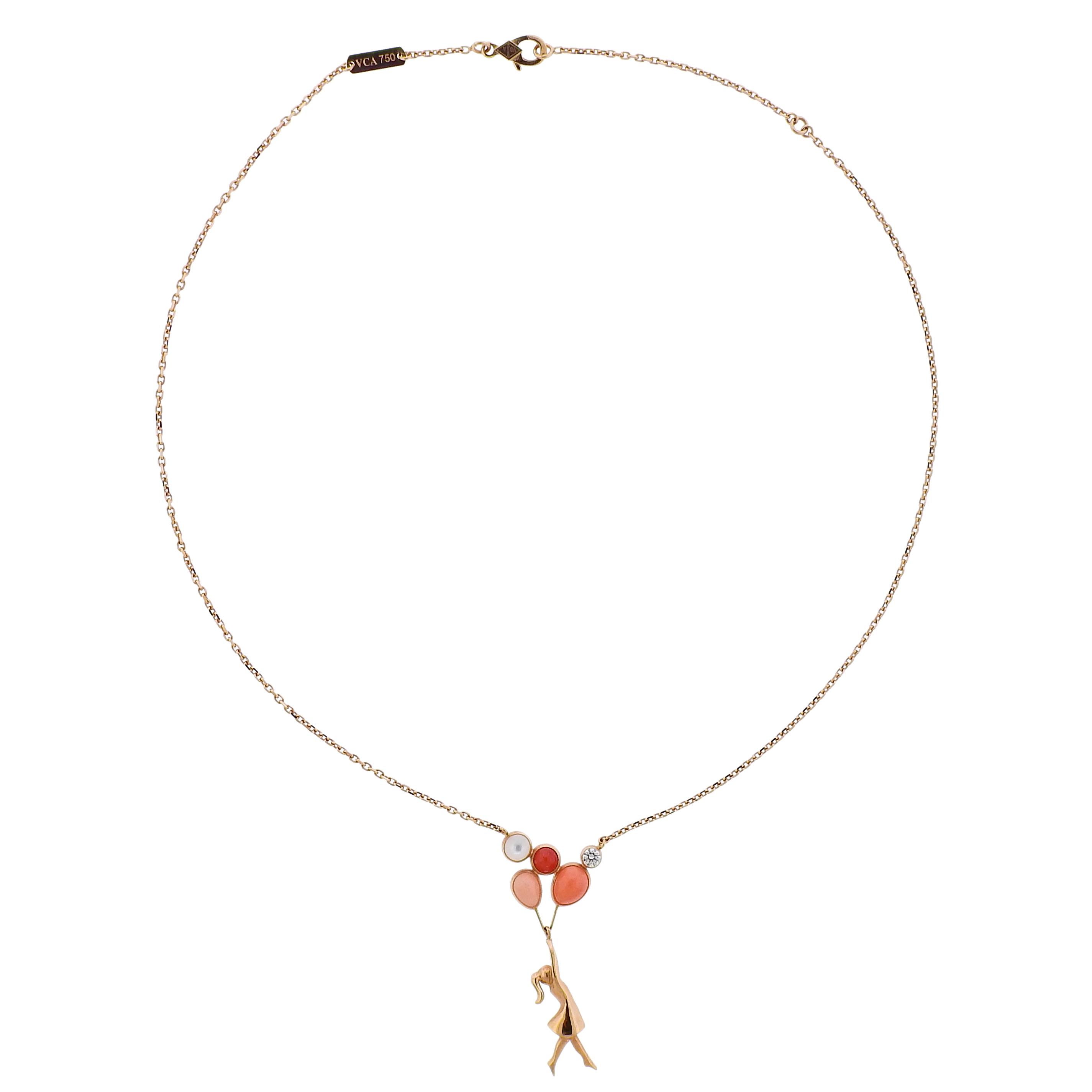 Rare 18k rose gold pendant necklace, crafted by Van Cleef & Arpels for a special edition Mercredi a Paris collection, featuring multi-shade coral, mother of pearl and an 0.11ct FG/VVS diamond. Comes with VCA pouch, COA and VCA folder with additional