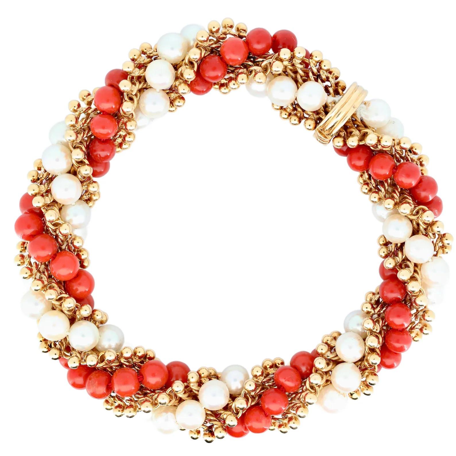 Bead Van Cleef & Arpels Mid Century Coral, Pearl Bracelet in 18K Gold For Sale