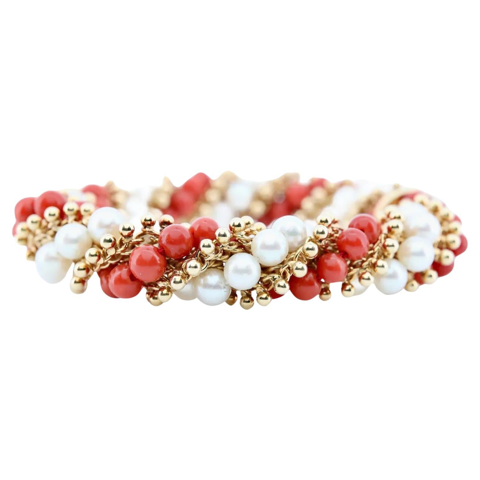 Van Cleef & Arpels Mid Century Coral, Pearl Bracelet in 18K Gold For Sale