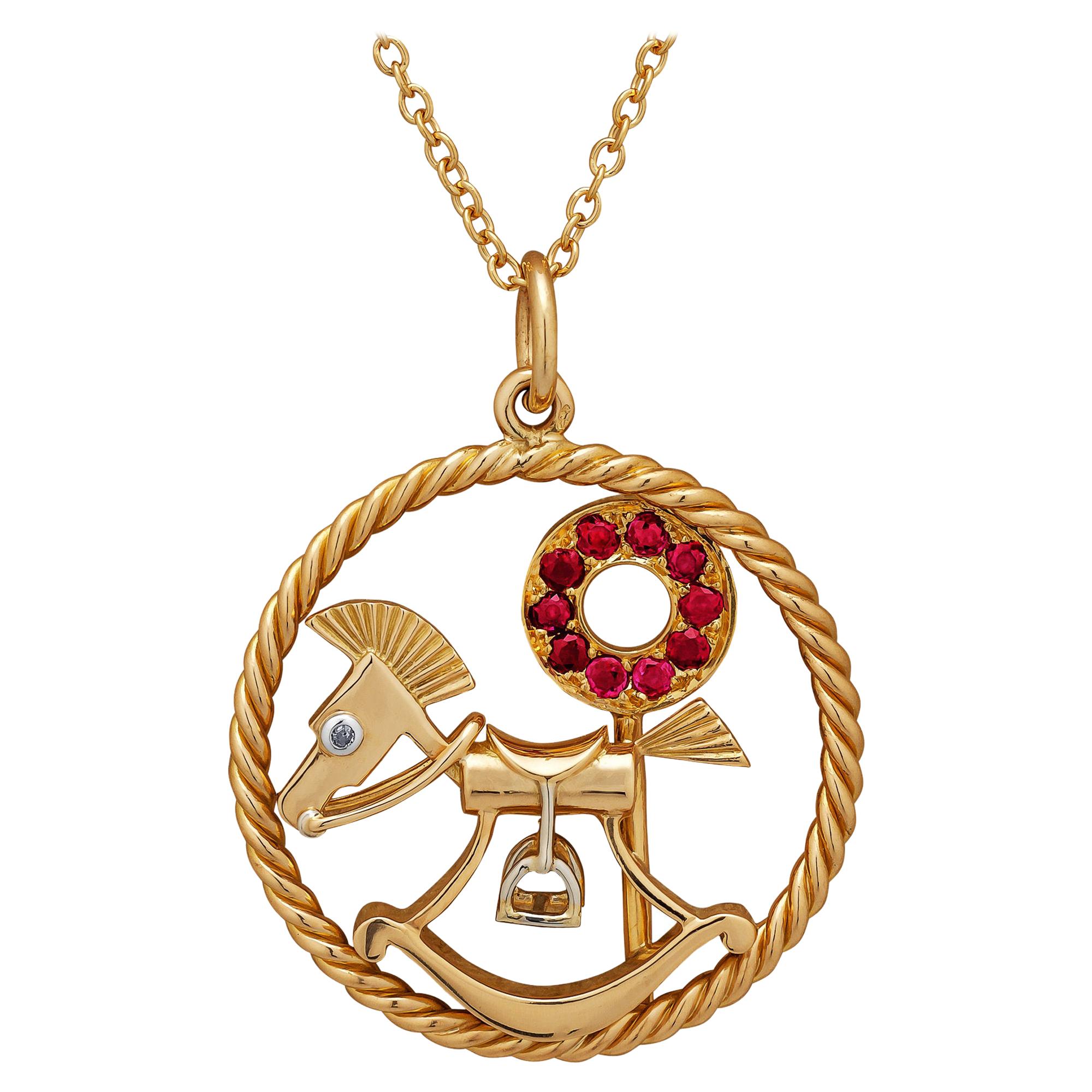 Van Cleef & Arpels Midcentury Diamond Ruby Gold Rocking Horse Charm Pendant