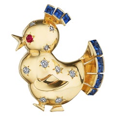 Van Cleef & Arpels Mid-Century Diamond Sapphire Ruby Gold Duck Brooch