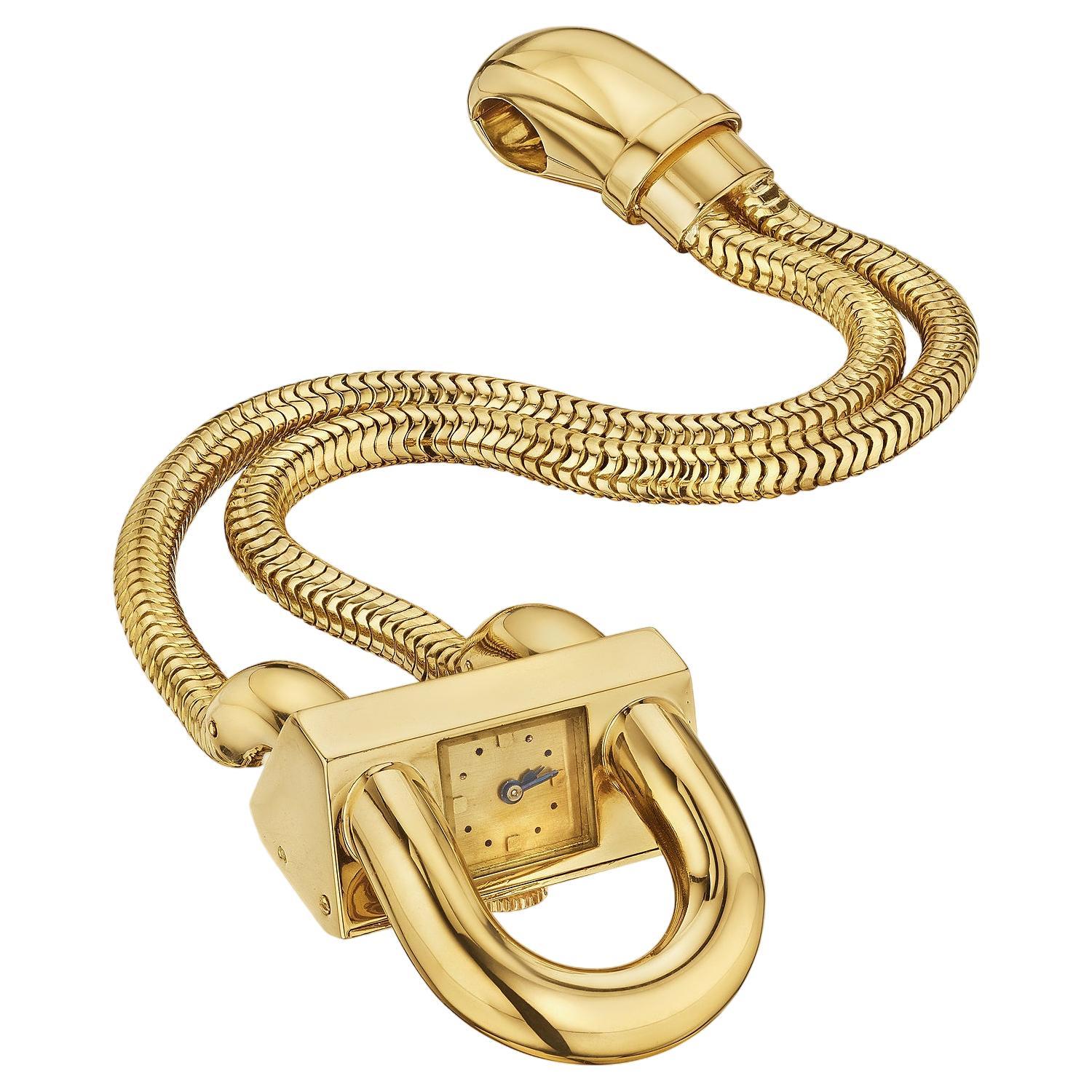 Van Cleef & Arpels Mid-Century Gold Padlock Watch Bracelet For Sale
