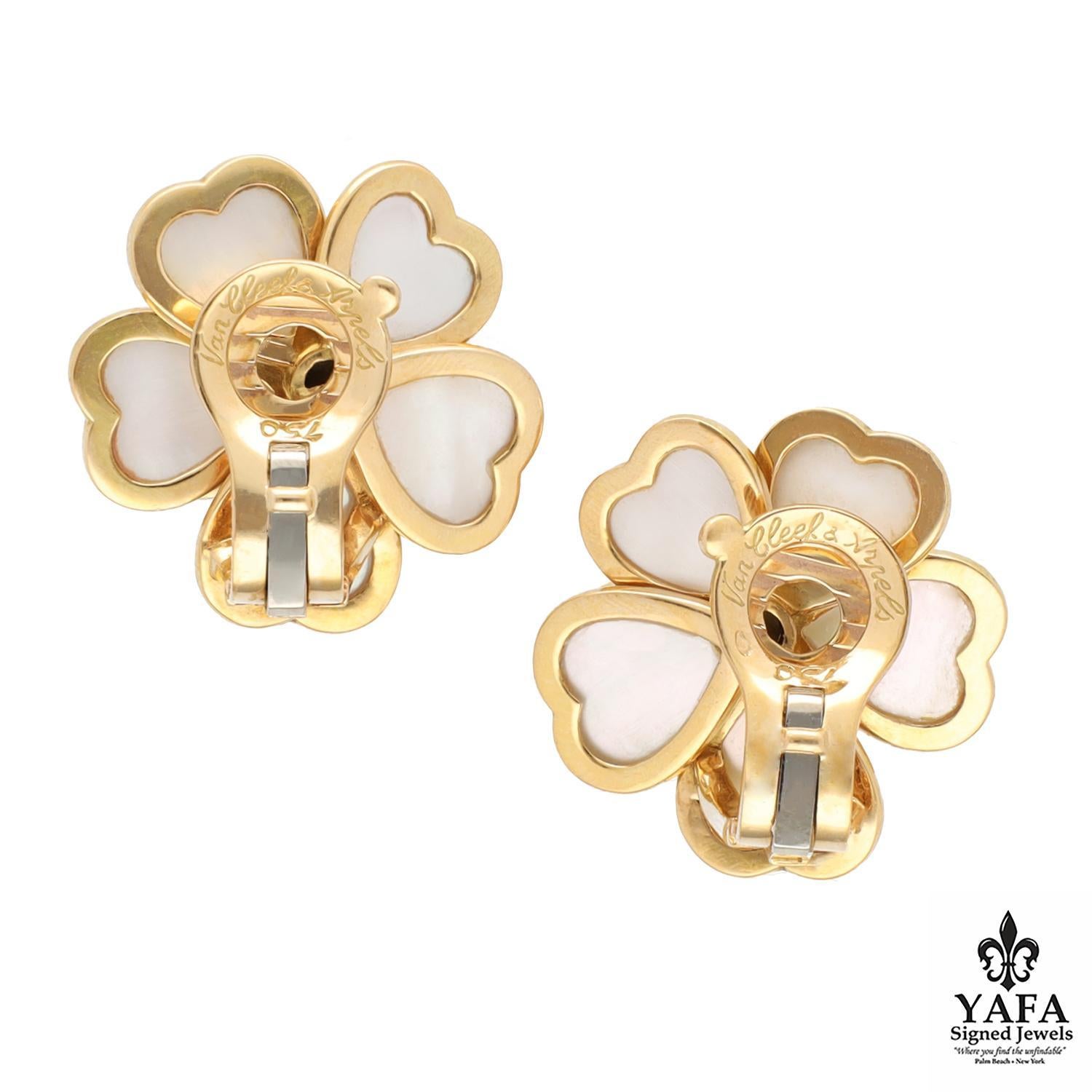 Designed as Clematis Flowers with Carved Mother-of-Pearl Petals Highlighted with Round Brilliant-Cut Diamonds Atop Spiked 18K Yellow Gold Filaments.

18K Yellow Gold
French Assay Marks
Signed - Van Cleef & Arpels
