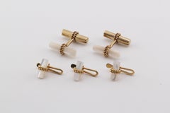 Van Cleef & Arpels MOP 18K Gold Rope Bar Cufflinks Studs Dress Set