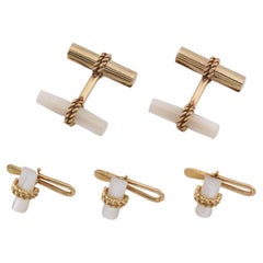Van Cleef & Arpels MOP 18K Gold Rope Bar Cufflinks Studs Dress Set