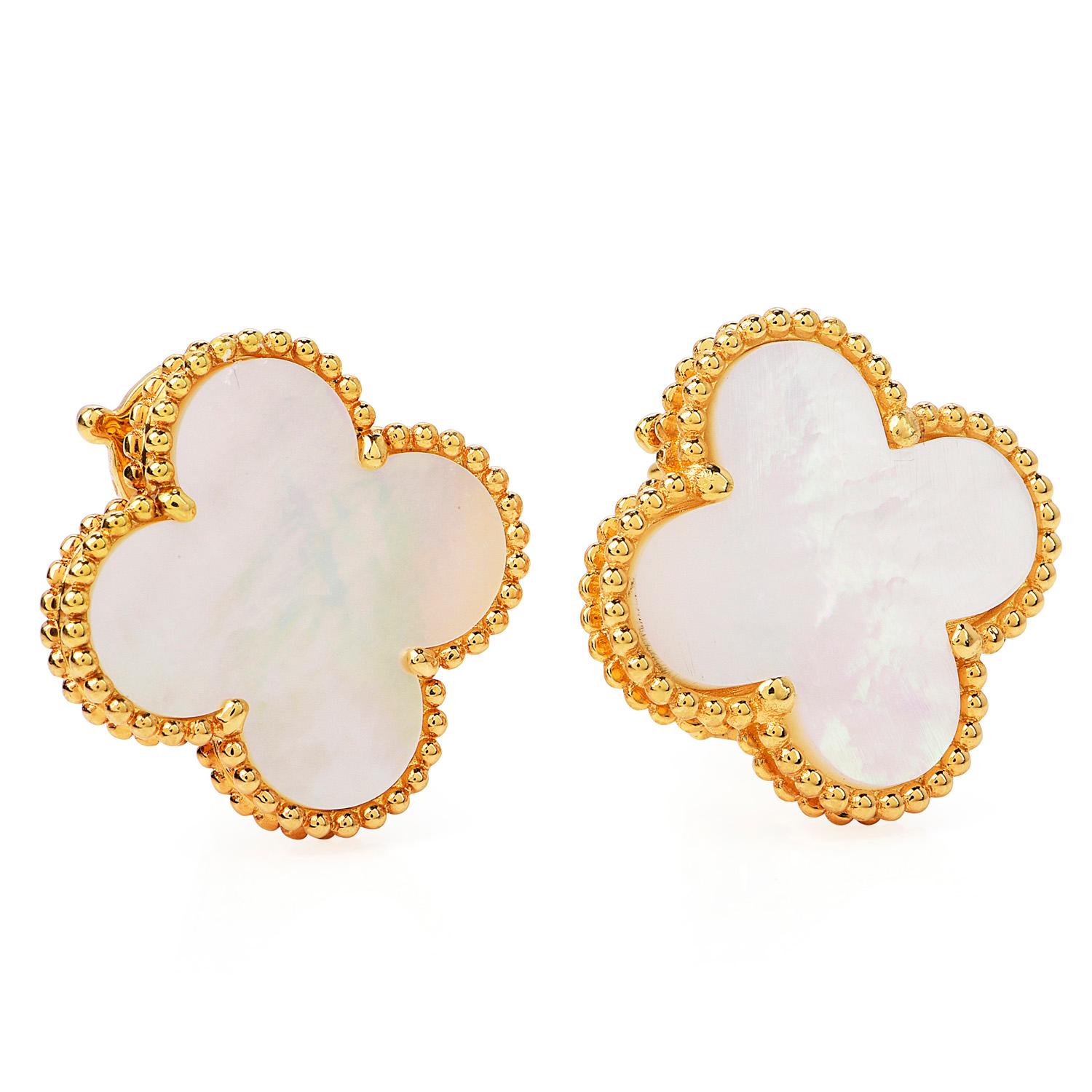 Van Cleef & Arpels Mother of Pearl 18K Gold Alhambra Earrings

This Van Cleef & Arpels Mother of Pearl 18K Gold Alhambra Collection Clip-on Earrings perfect for any occasion.  weighing 16.2 grams, this highly sought after Van Cleef & Arpels piece