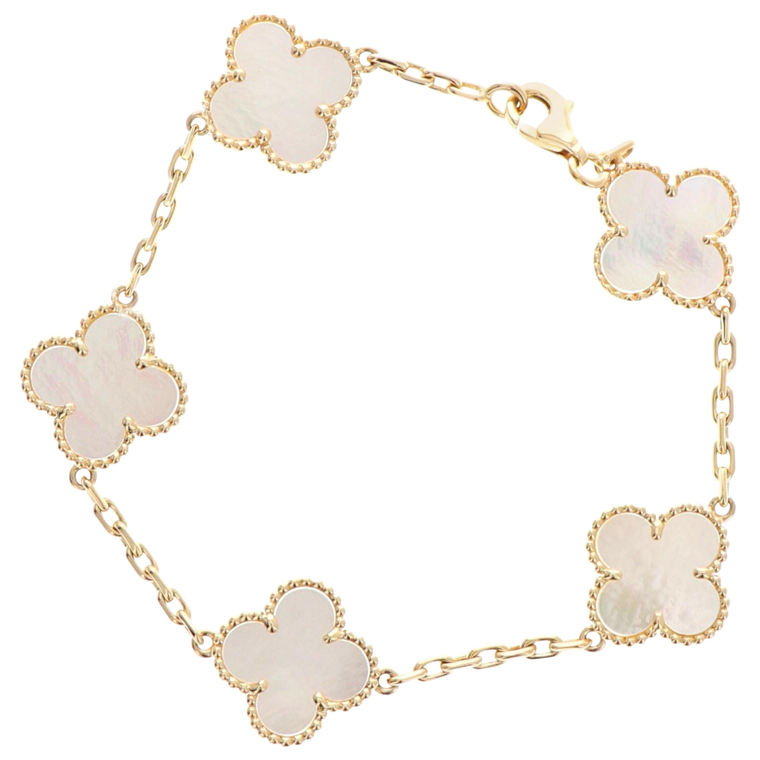 Van Cleef & Arpels Mother of Pearl Alhambra 18 Karat Gold 5 Motifs Bracelet