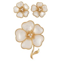 VAN CLEEF & ARPELS Mother-of-Pearl and Diamond Flower Brooch and Ear Clips