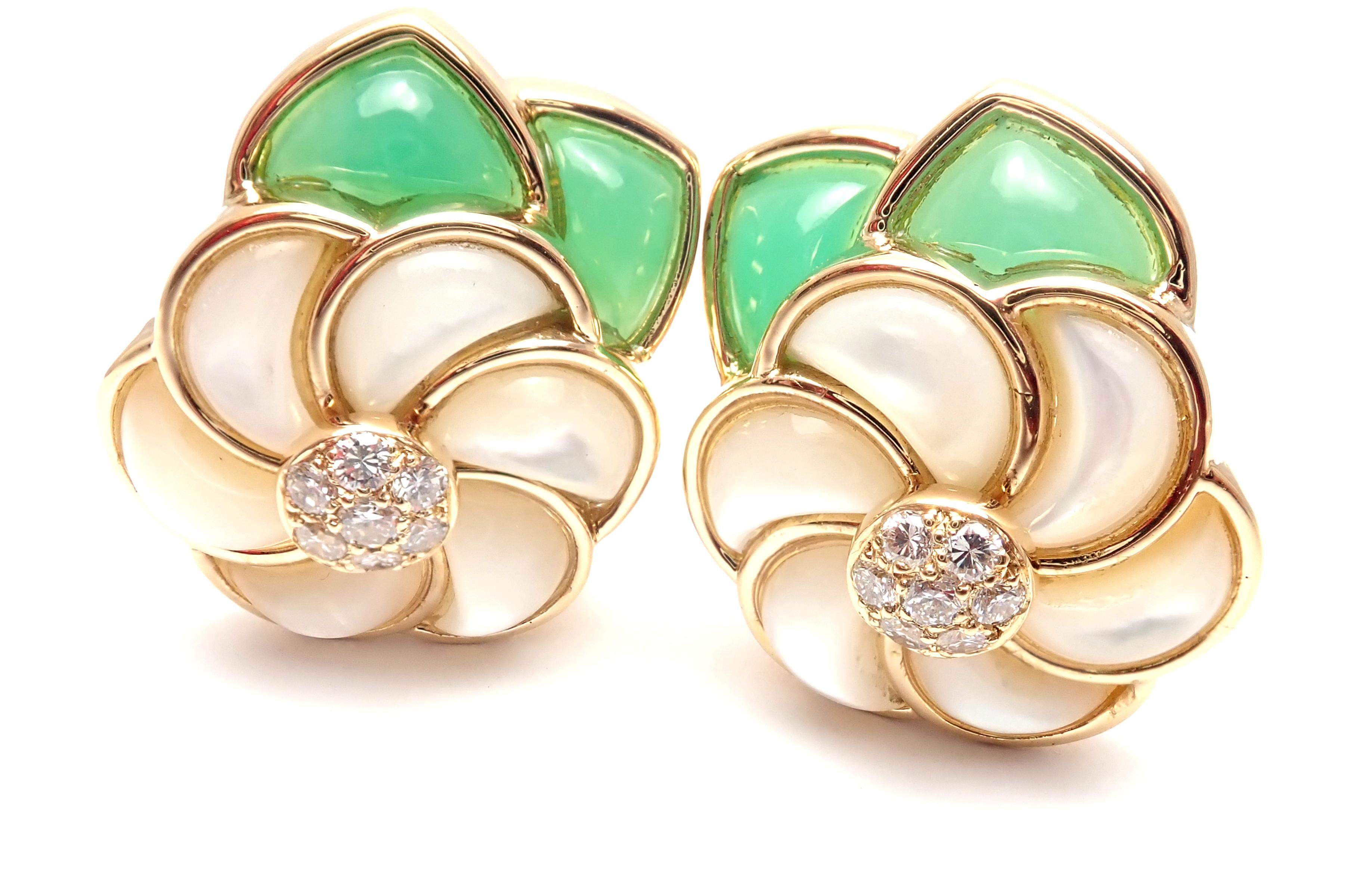 18k Yellow Gold Mother Of Pearl Chrysoprase Diamond Flower Earrings by Van Cleef & Arpels. 
These earrings are clips, made for non pierced ears, but they could be converted by adding posts.
With 14 round brilliant cut diamonds VVS1 clarity, E color