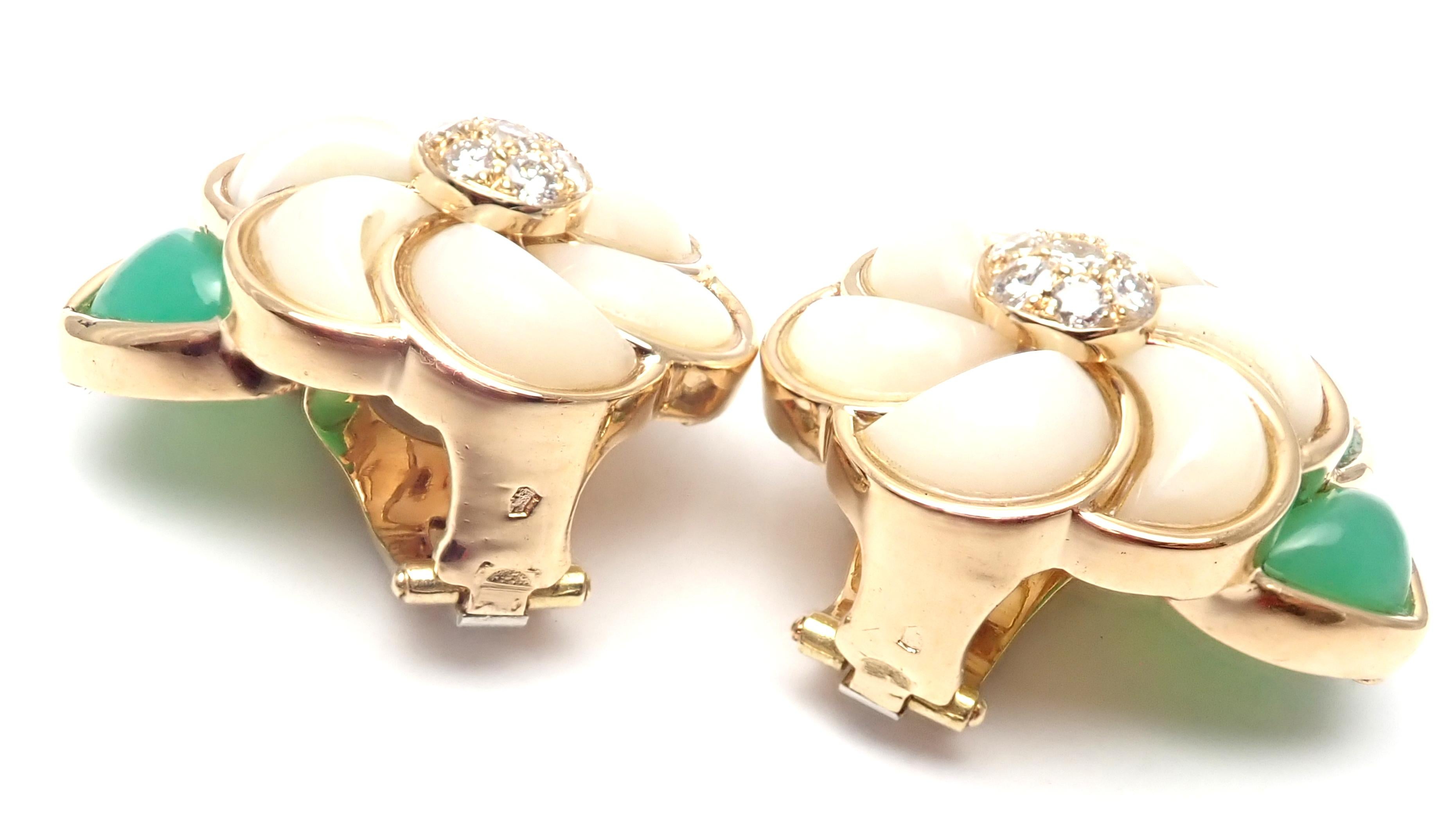 Van Cleef & Arpels Mother of Pearl Chrysoprase Diamond Gold Flower Earrings 1