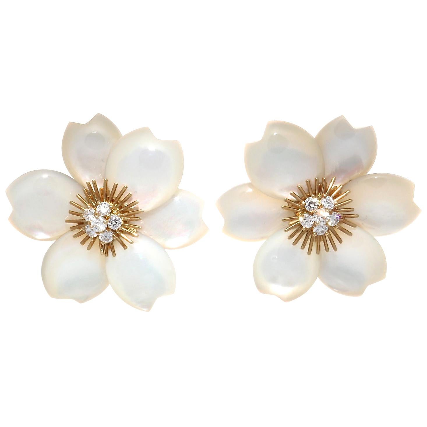 Van Cleef & Arpels Mother of Pearl Diamond Rose De Noel 18 Karat Gold Earrings