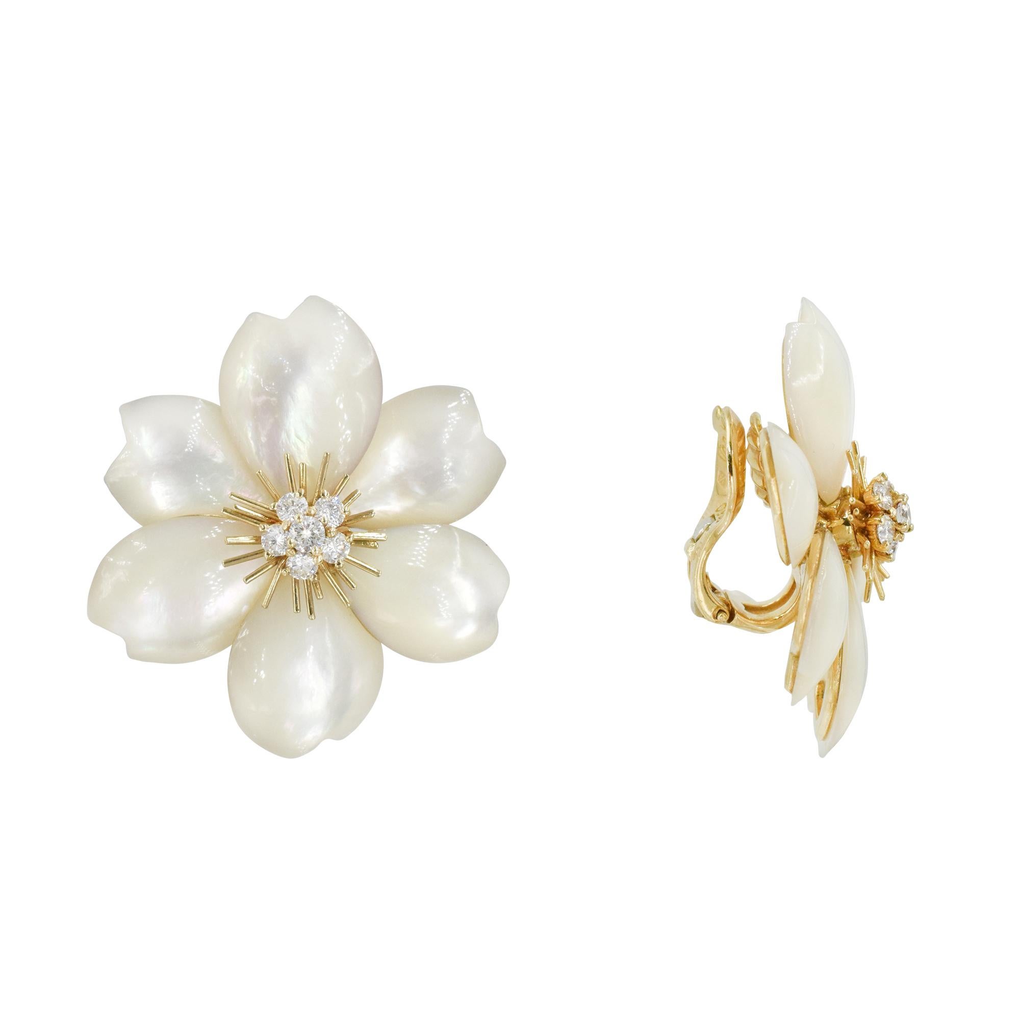 Heart Cut Van Cleef & Arpels large  Mother-of- Pearl 'Rose de Noel' Ear -Clips French  For Sale