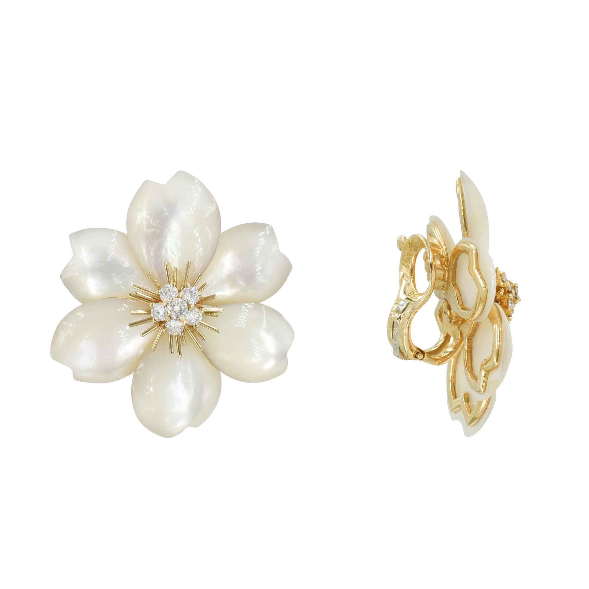 Van Cleef & Arpels large  Mother-of- Pearl 'Rose de Noel' Ear -Clips French  In Excellent Condition For Sale In New York, NY