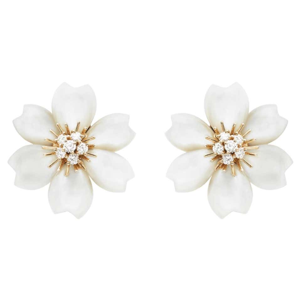 VAN CLEEF and ARPELS Diamond Mother of Pearl Flower Clips Earrings at ...