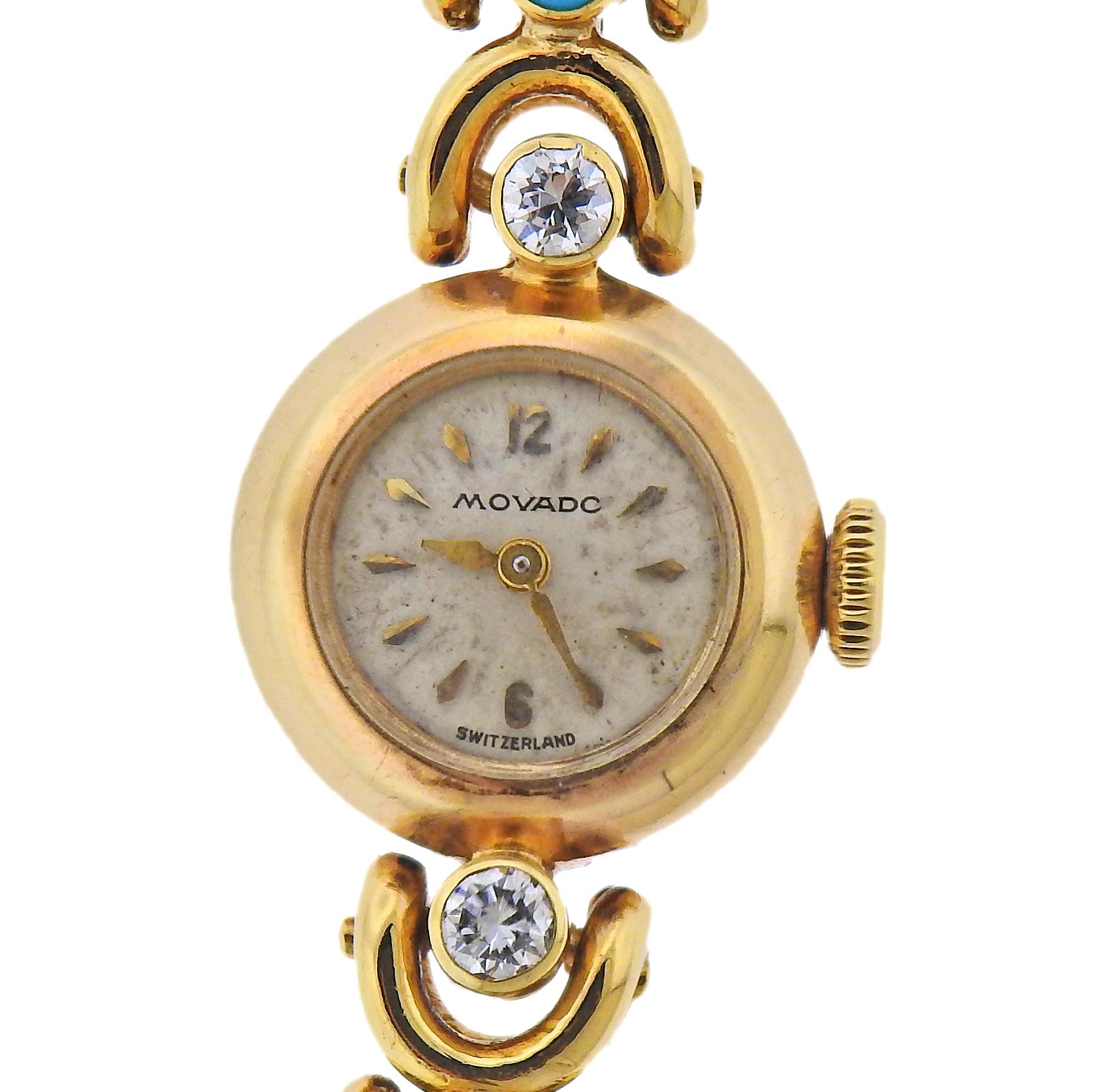 Vintage Mid Century Movado Uhr mit einem Van Cleef & Arpels Armband, geschmückt mit ca. 1,20cts in Diamanten und Türkis. Gehäuse - 15 mm Durchmesser ohne Krone. Das Armband ist 6,75