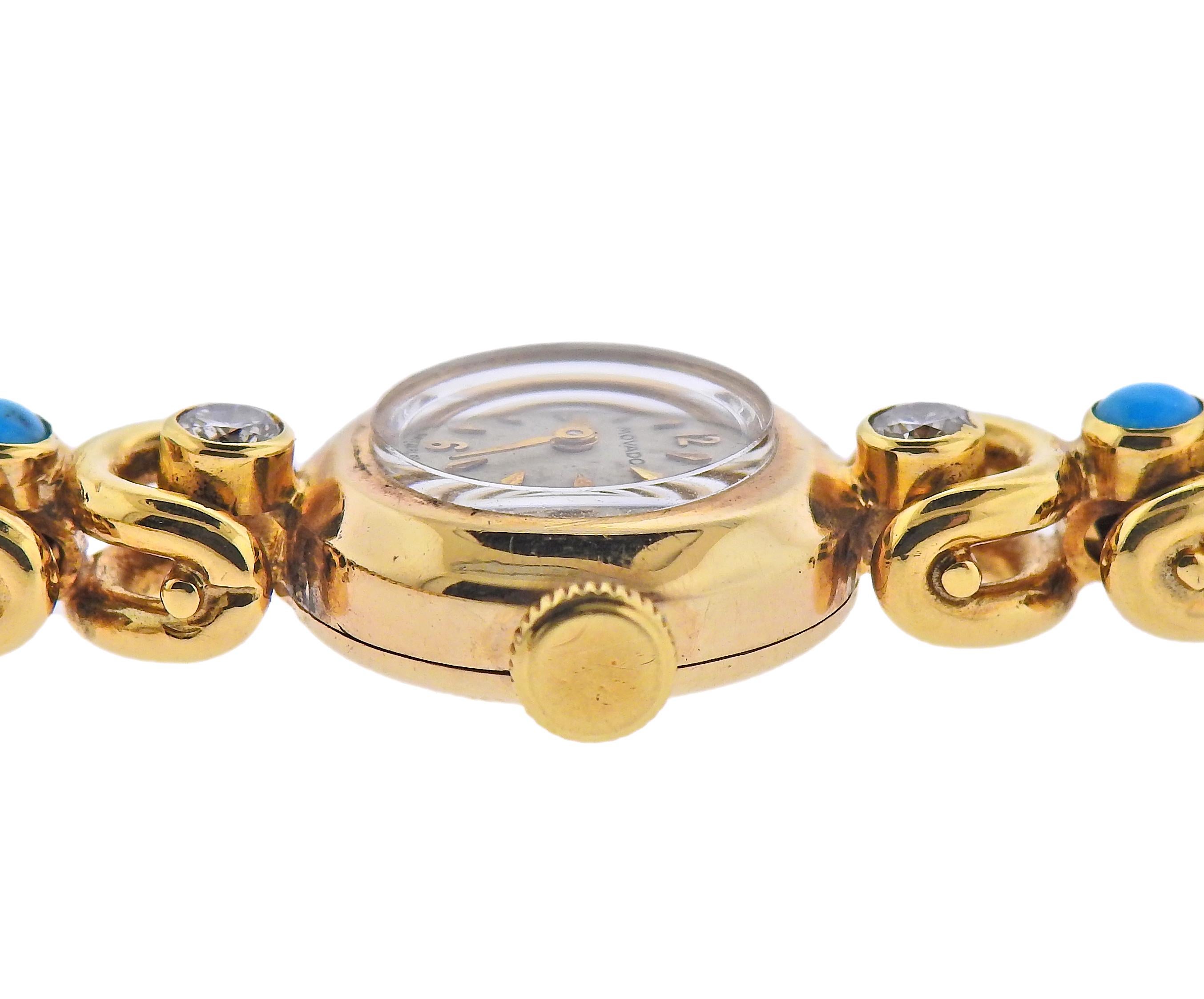 Taille ronde Van Cleef & Arpels Bracelet montre Movado en or avec turquoise et diamants en vente