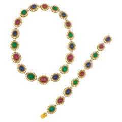 Van Cleef & Arpels Multi Gem Cabochon and Diamond Necklace and Bracelet Set