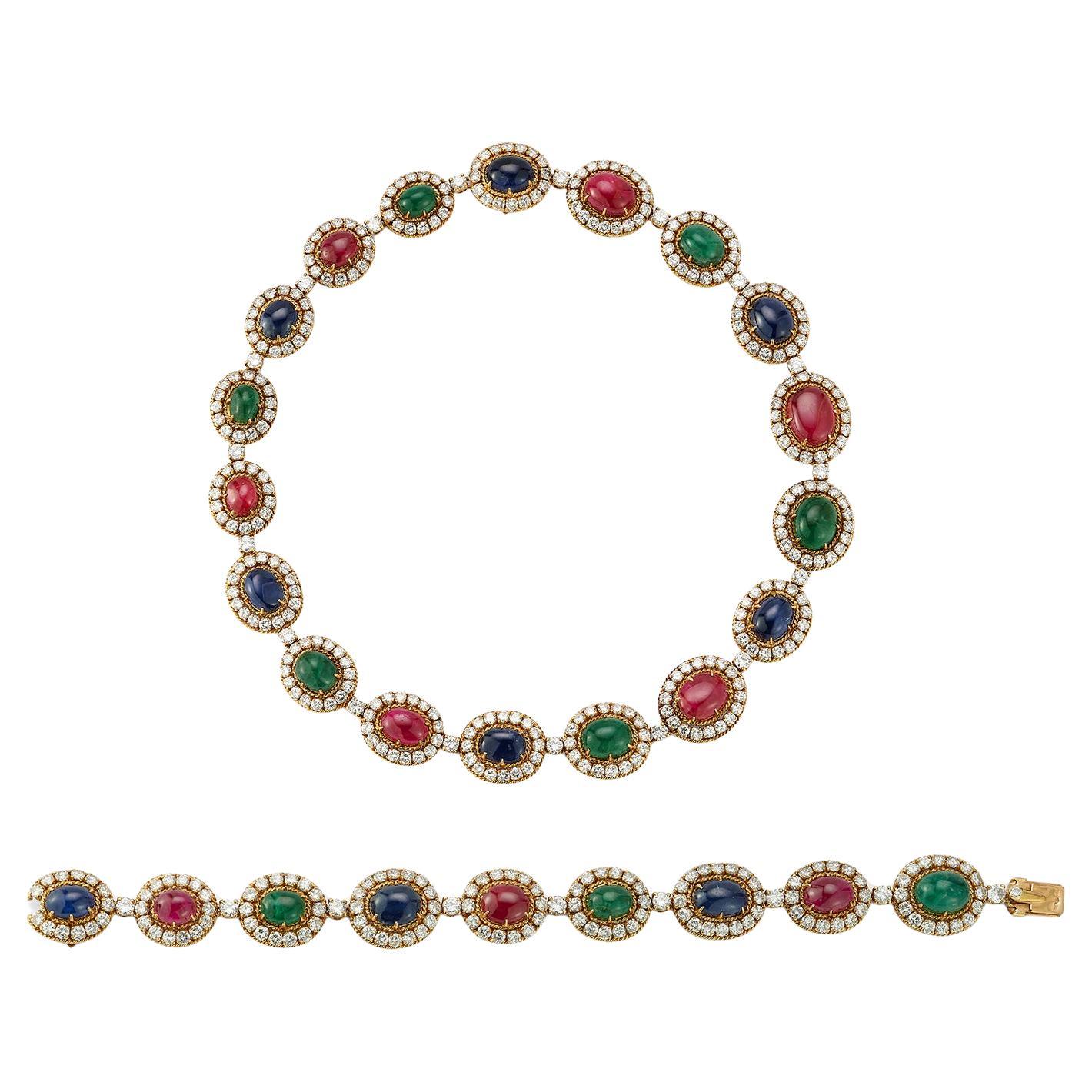 Van Cleef & Arpels Multi Gem Cabochon and Diamond Necklace and Bracelet Set For Sale