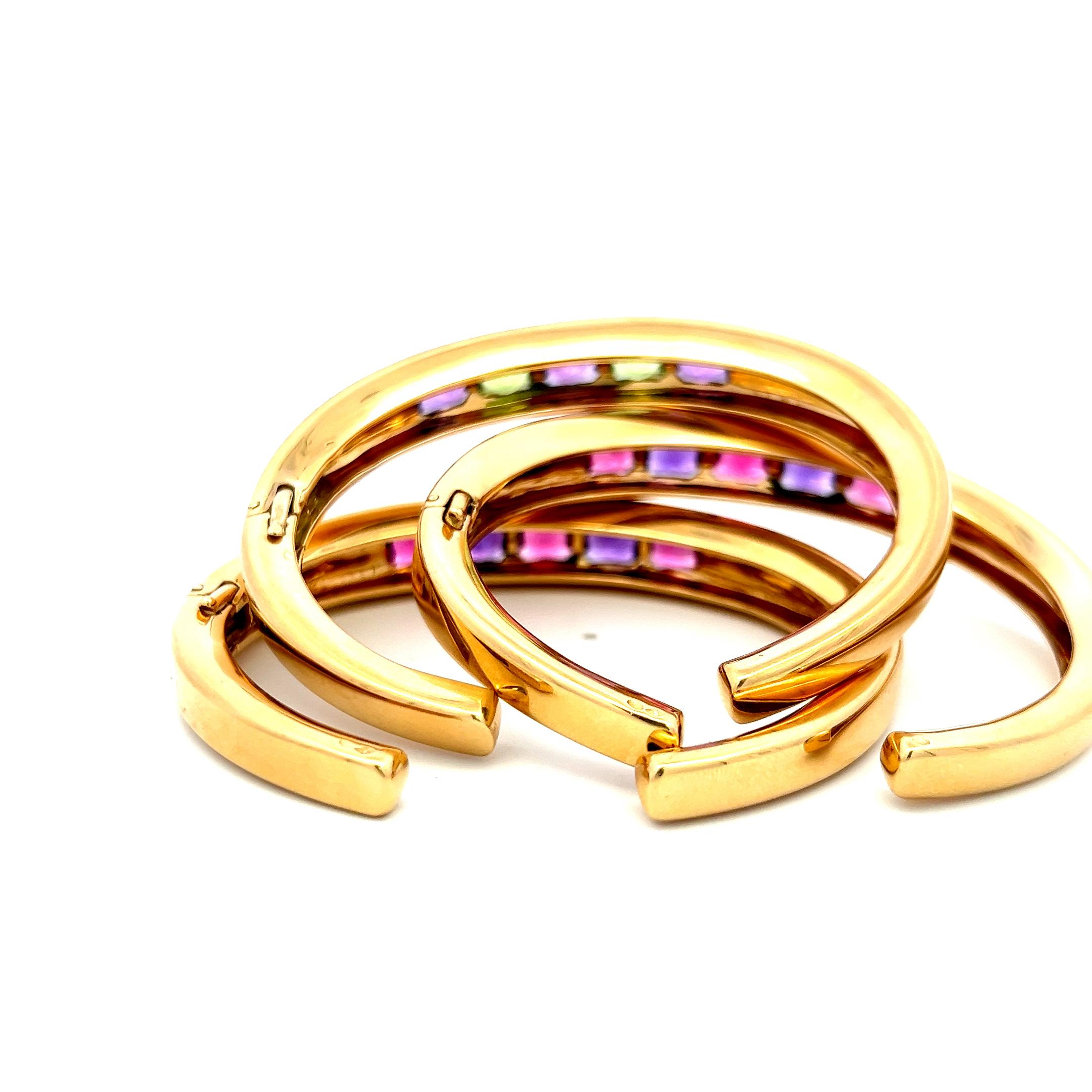 Taille coussin Bracelet manchette en or jaune 18K serti de multiples pierres précieuses taille coussin en vente