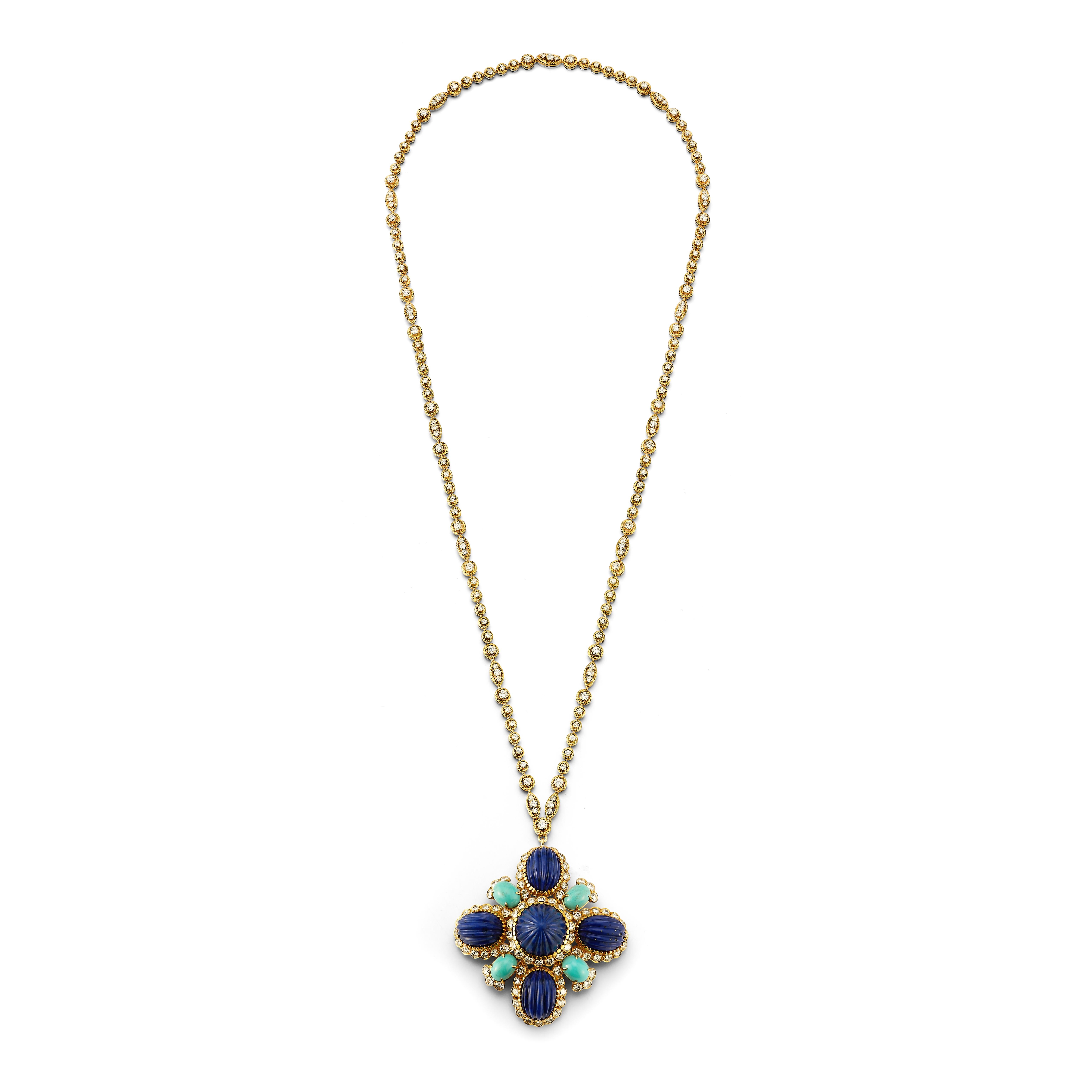 Van Cleef & Arpels Multi Gem Sautoir Pendant Necklace

An 18 karat gold chain necklace set with 141 round cut diamonds with a removable pendant  set with carved lapis lazuli, turquoise and diamonds

Pendant is removable and can be worn as a
