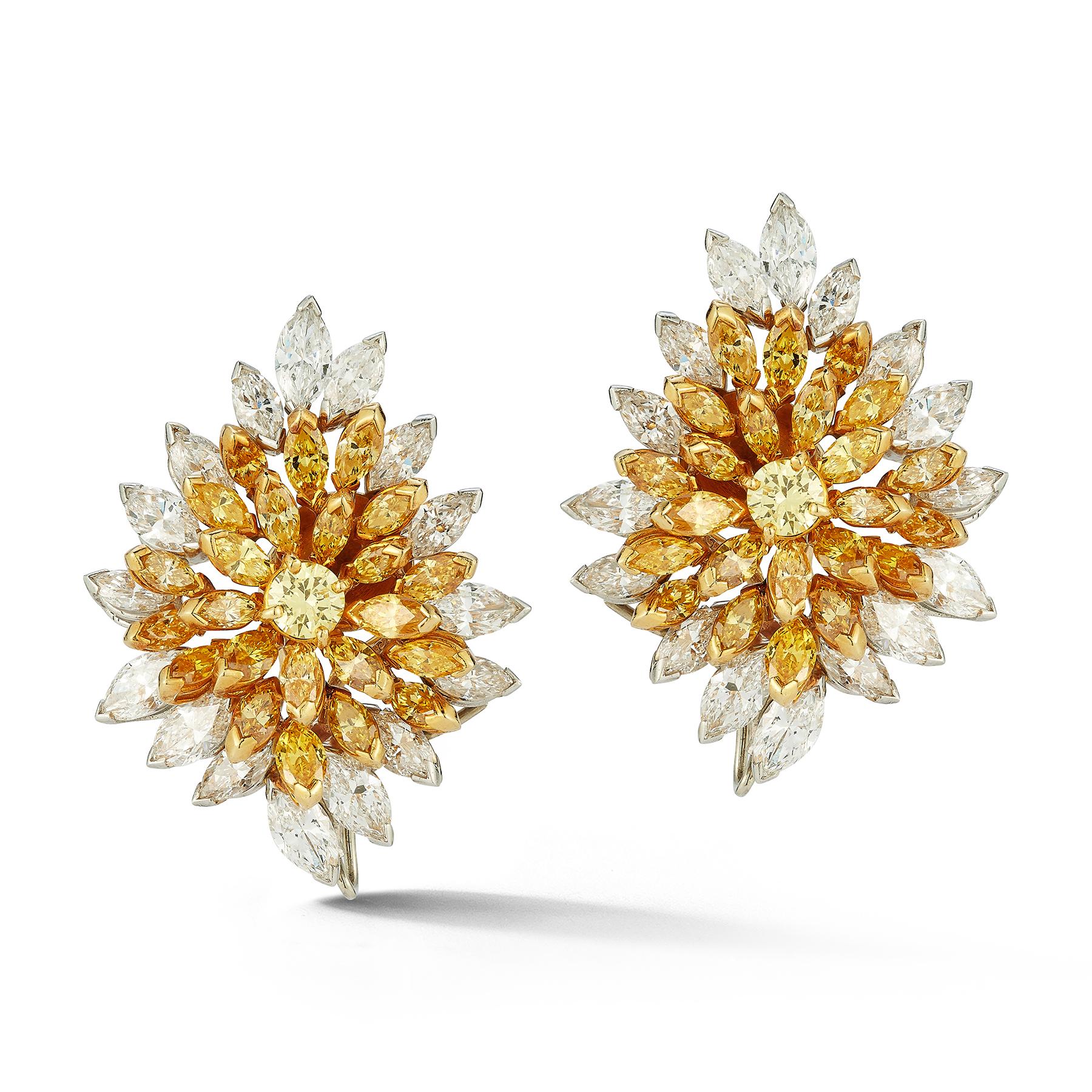 Van Cleef & Arpels Multicolor Diamond Earrings

A pair of 18 karat two tone gold earrings each set with a round cut yellow diamond in the center of a cluster of a marquise cut yellow diamonds all framed by marquise cut white diamonds

Signed VCA NY