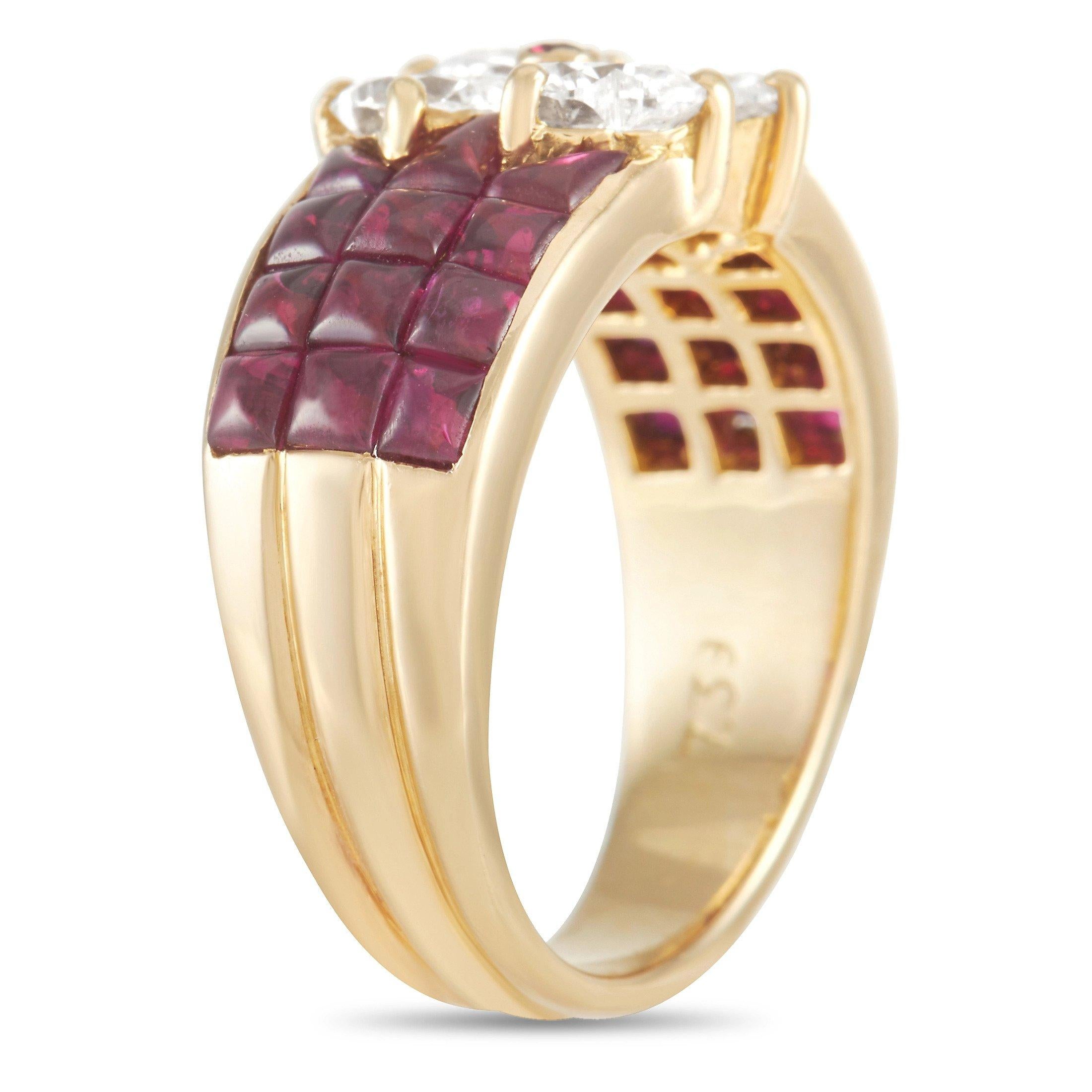 A scintillating array of gemstones make this piece from luxury brand Van Cleef & Arpels impossible to ignore. It’s covered in square-cut rubies with a total weight of 2.00 carats. At the center, heart-shaped diamonds totaling 2.00 carats come