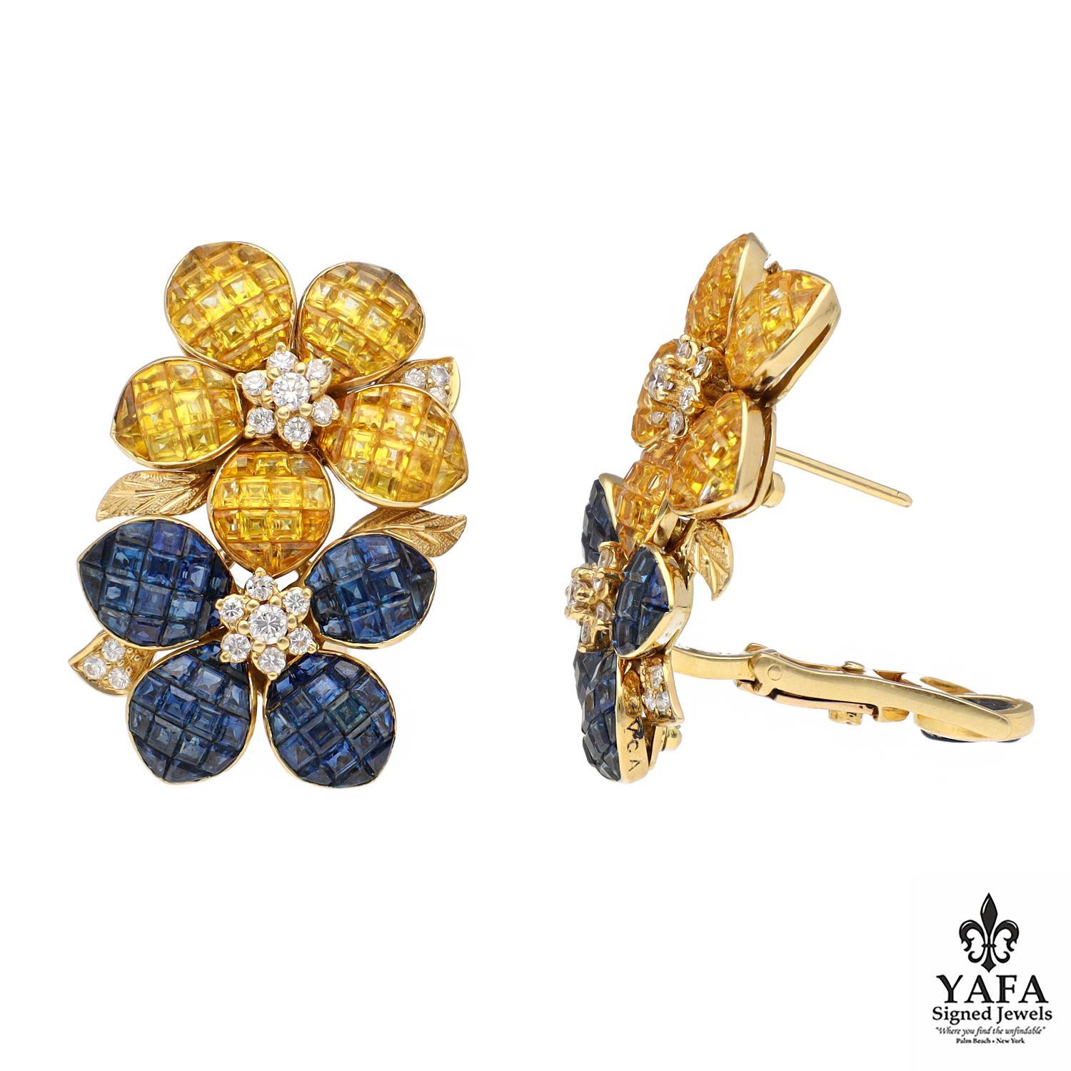 These Three-Dimensional Flower Ear Clips provide an enchanting spectacle in perpetual bloom. Van Cleef & Arpels Captures This Beautifully with Their Mystery Setting Featuring Blue and Yellow Sapphires and Diamonds.