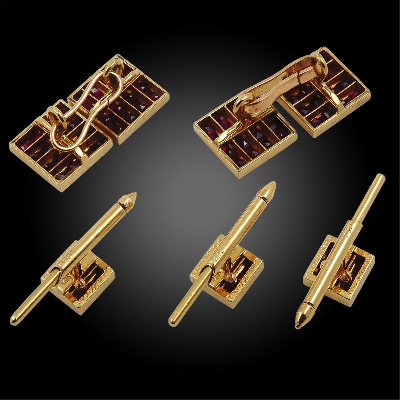 An elegant and timeless pair of square shaped Mystery-Set Ruby Cufflinks by Van Cleef & Arpels, finely crafted in 18k yellow gold.
The ‘Mystery-Set’ technique was invented by Van Cleef & Arpels in 1933, which is a technique used for setting