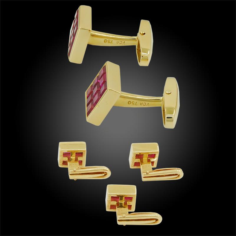 18k yellow gold 5 pieces mystery-set ruby cufflinks, signed Van Cleef & Arpels.
circa the 1990s