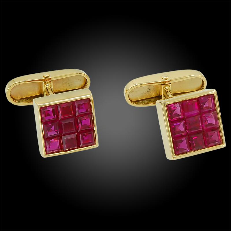 Square Cut Van Cleef & Arpels Mystery-Set Ruby Cufflinks And Shirt Studs