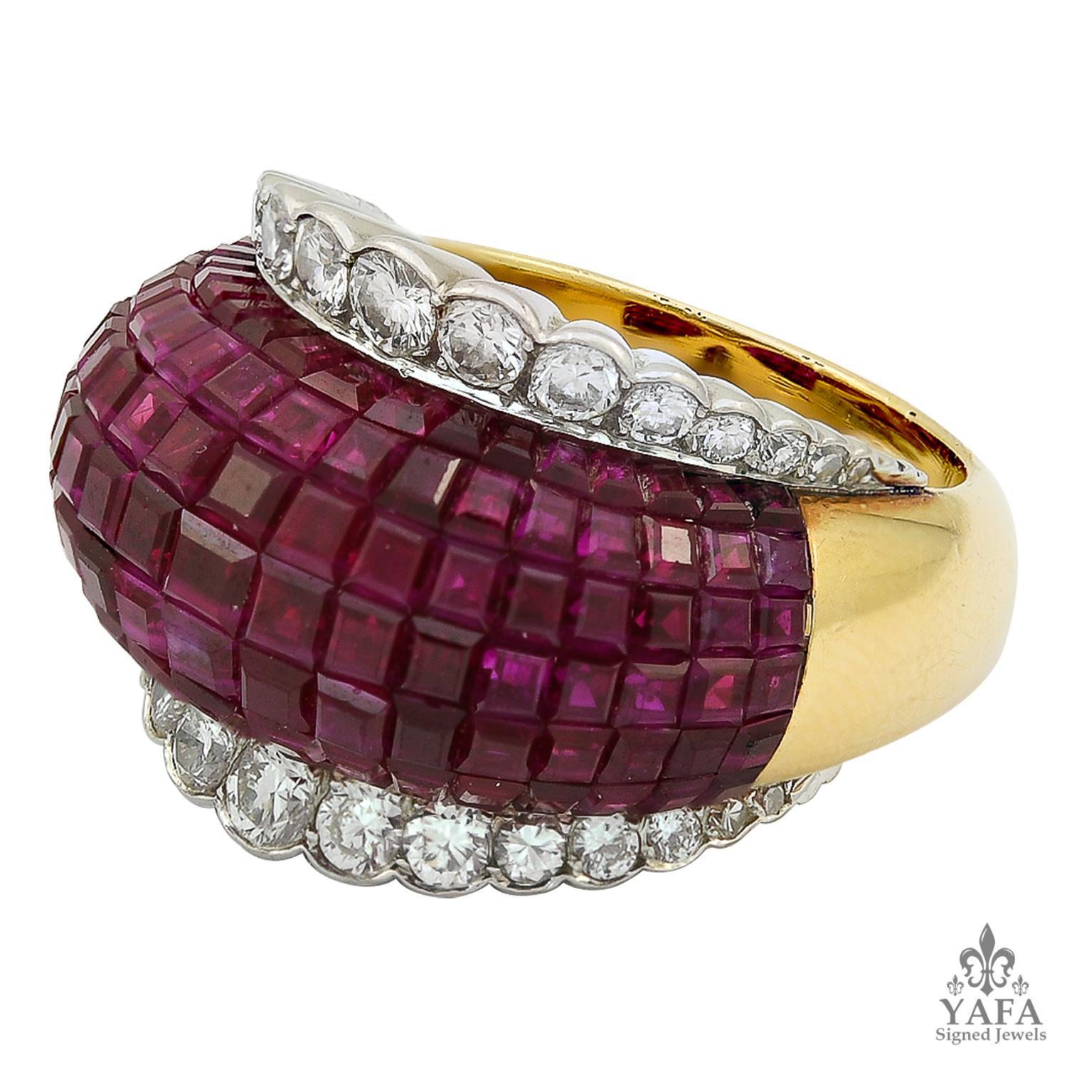 VAN CLEEF & ARPELS Mystery-Set Ruby, Diamond Dome Ring
18k yellow gold and white gold dome ring, set with mystery-set ruby and brilliant-cut diamonds.
ring size 7.5
Signed “Van Cleef & Arpels“; circa 1960s; French