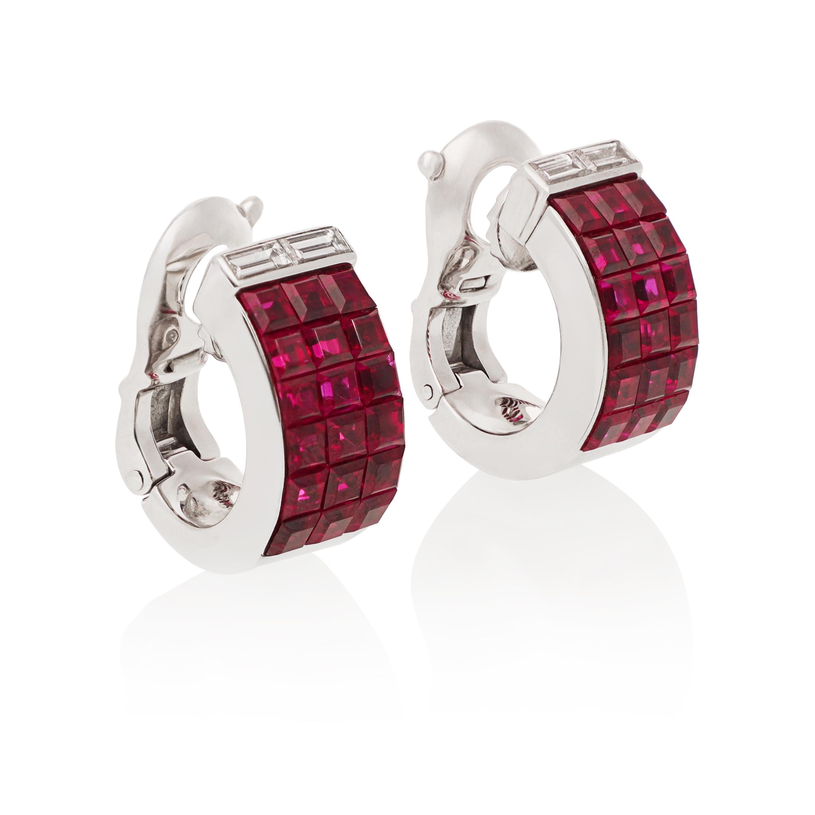 Radiant Cut VAN CLEEF & ARPELS 'Mystery-Set Ruby Pont Neuf Huggie Earrings For Sale