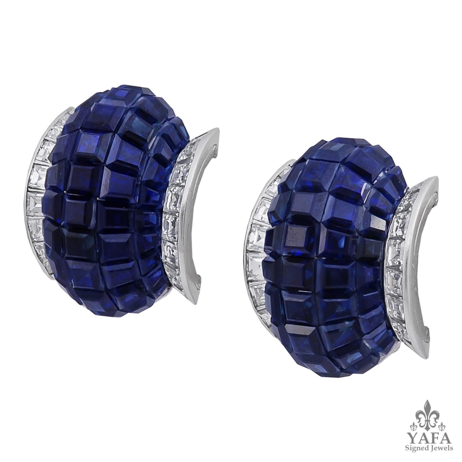 VAN CLEEF & ARPELS Mystery-Set Sapphire, Diamond Earrings
A pair of platinum ear clips, set with diamond and sapphire, signed Van Cleef & Arpels.
dimensions approx. 0.90″ in length by 0.70″ in width
Signed ” V.C.A.“; circa 1970s