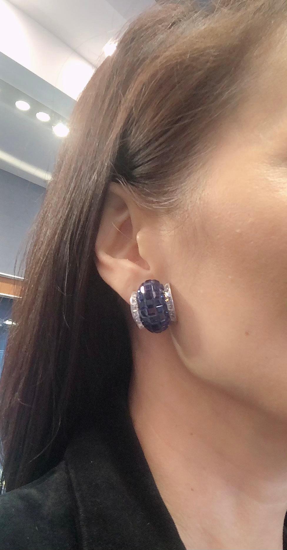 Round Cut Van Cleef & Arpels Mystery-Set Sapphire, Diamond Earrings