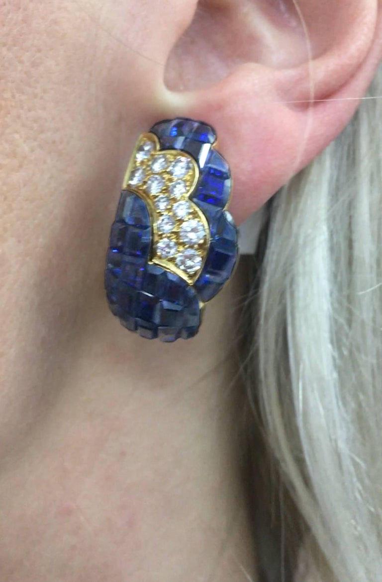 French Cut Van Cleef & Arpels Mystery-Set Sapphire Diamond Gold Earrings