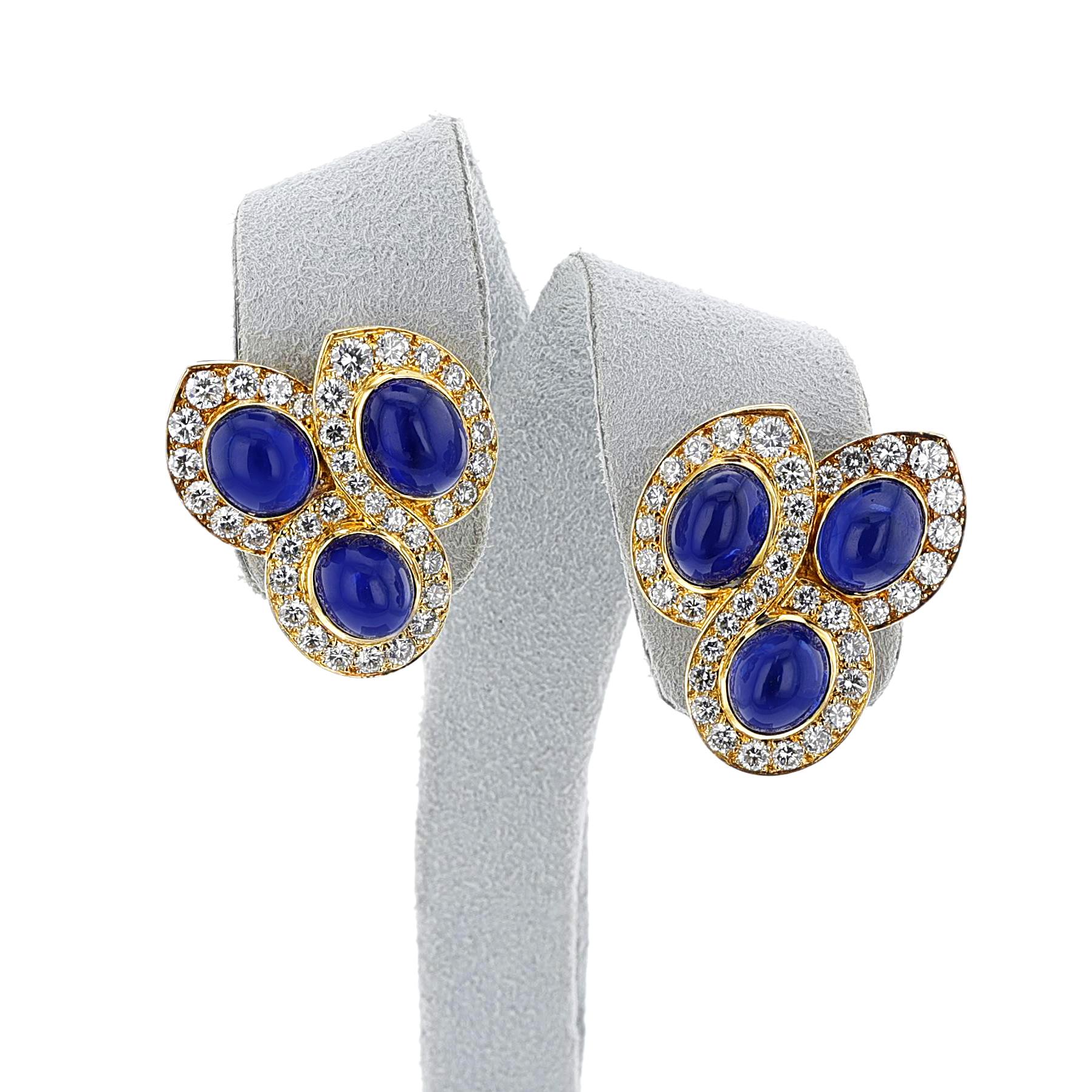 Van Cleef & Arpels Natural Sapphire Cabochon and Diamond Earrings, 18k In Excellent Condition For Sale In New York, NY