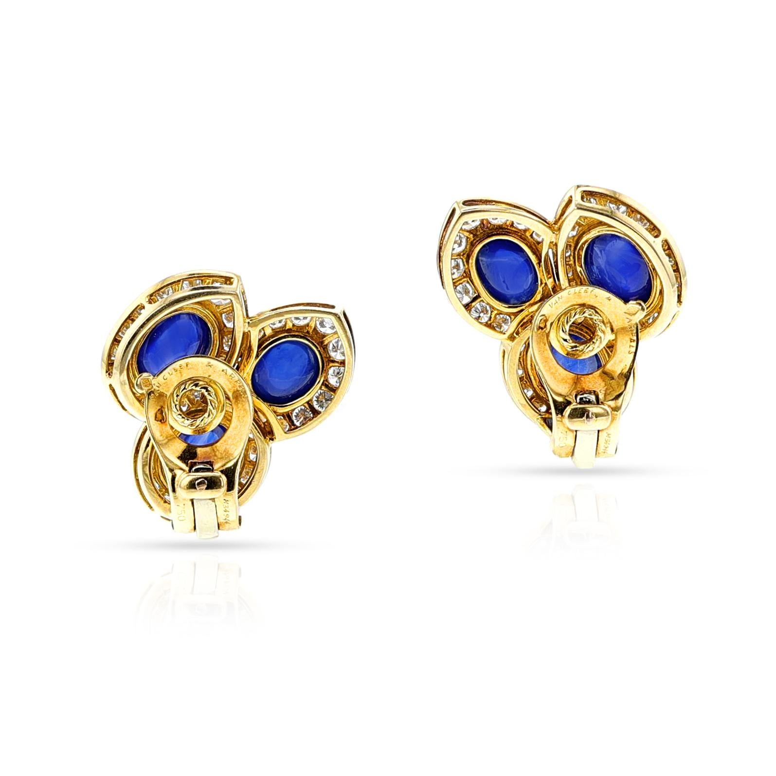 Women's or Men's Van Cleef & Arpels Natural Sapphire Cabochon and Diamond Earrings, 18k