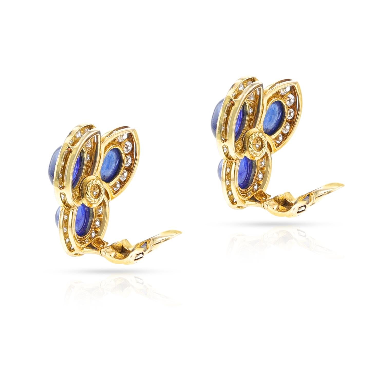 Van Cleef & Arpels Natural Sapphire Cabochon and Diamond Earrings, 18k For Sale 1