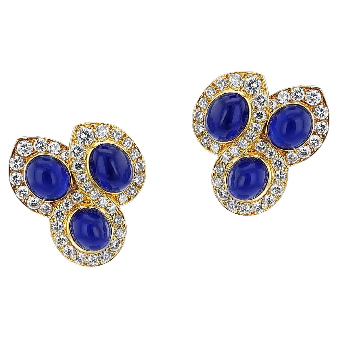 Van Cleef & Arpels Natural Sapphire Cabochon and Diamond Earrings, 18k For Sale